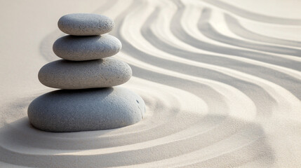 Fototapeta na wymiar Zen stones with lines in the sand harmony and peace spa background. Therapy concept. 