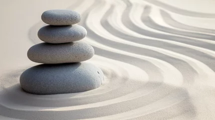 Tuinposter Stenen in het zand Zen stones with lines in the sand harmony and peace spa background. Therapy concept. 