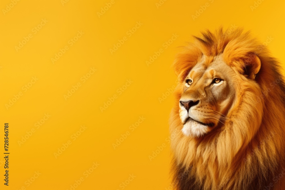 Poster a close-up photograph of a lion on a vibrant yellow background. this image can be used for various p