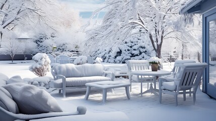 Back yard of house, trees and standing outdoor furniture covered in snow. Snowy winter day, cold weather season