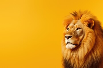 A close-up photograph of a lion on a vibrant yellow background. This image can be used for various...