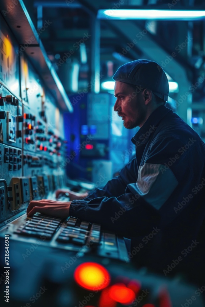 Poster a man working on a control panel in a factory. suitable for industrial and manufacturing concepts