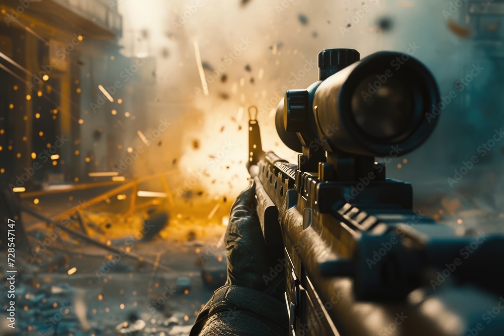 Poster a man is seen holding a rifle in front of a building. this image can be used to depict security, dan