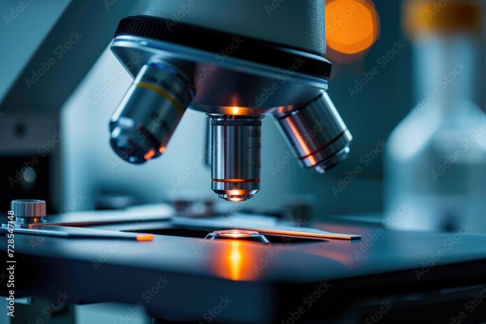 Poster a detailed view of a microscope placed on a table. suitable for scientific research or educational p