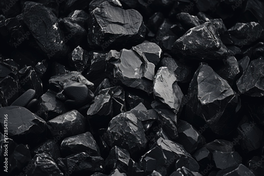 Poster a pile of black rocks sitting on top of a table. suitable for various uses