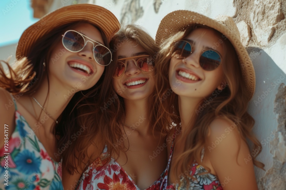 Poster a group of three women standing next to each other. suitable for various concepts and themes