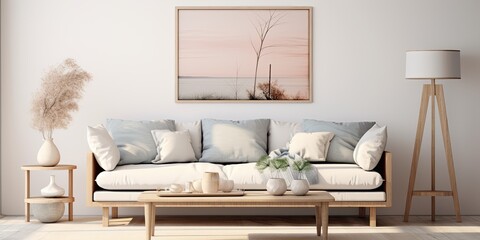 Cozy living room interior design with poster frame, sofa, table, textile, and accessories in Scandinavian classic style.