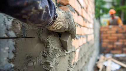 Craftsmanship of a laborer's hands as they expertly build a brick wall