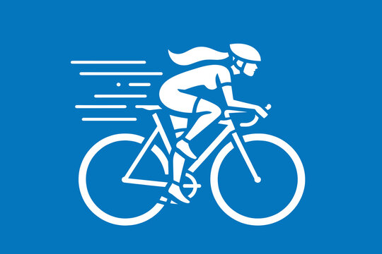 Women's cycling. A woman rides a bicycle on the highway. White outline icon, logo. On a blue background