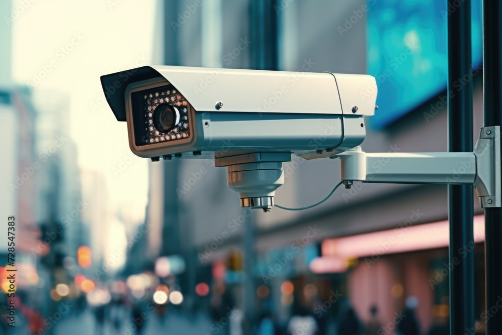 Poster a close up of a camera mounted on a pole in a bustling city street. ideal for surveillance and secur
