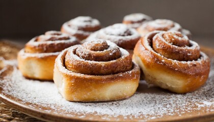 Obraz na płótnie Canvas Close-up of cinnamon buns with powdered sugar. Fresh bakery.