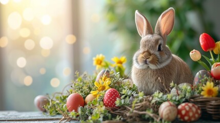Fototapeta na wymiar Easter Bunny with Festive Eggs and Flowers