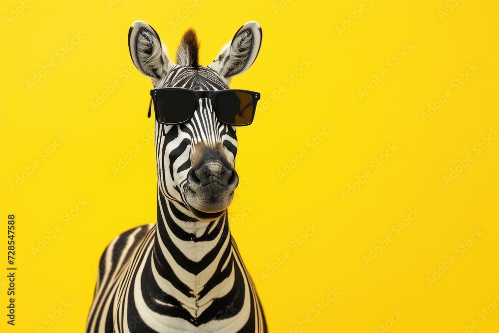 Poster Zebra wearing sunglasses on a vibrant yellow background. Perfect for adding a touch of fun and style to any project