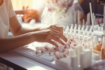 Close-up shot of a person carefully applying nail polish on a table. Perfect for beauty and cosmetics related projects