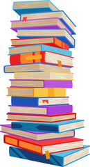 High book stacks or pile. Library textbooks and school literature heaps, dictionaries. Bookstore advertise. Cartoon stacked books angle view with different colorful covers isolated on white