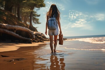 A woman walking on the beach with a bag. This image can be used to depict a relaxing beach vacation or a leisurely stroll by the shore.