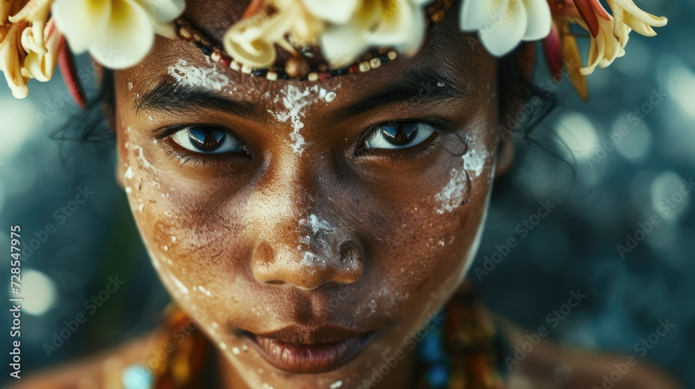 Poster close up of a person with flowers on their head. can be used for creative and artistic projects