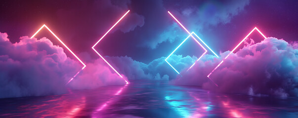 Futuristic 3D rendering with neon geometric shapes and stormy clouds, forming an intriguing rhombus frame against a night sky.