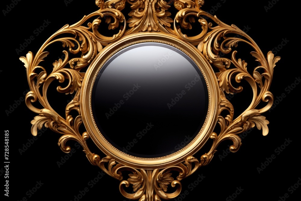 Poster a stunning gold ornate mirror set against a black background. perfect for adding a touch of elegance
