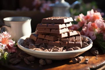 Rolgordijnen Chocolate bar, cocoa grains and chocolate cream on the table, generative IA © Gabriel