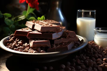 Foto op Plexiglas Chocolate bar, cocoa grains and chocolate cream on the table, generative IA © Gabriel