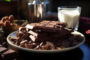 Badkamer foto achterwand Chocolate bar, cocoa grains and chocolate cream on the table, generative IA © Gabriel
