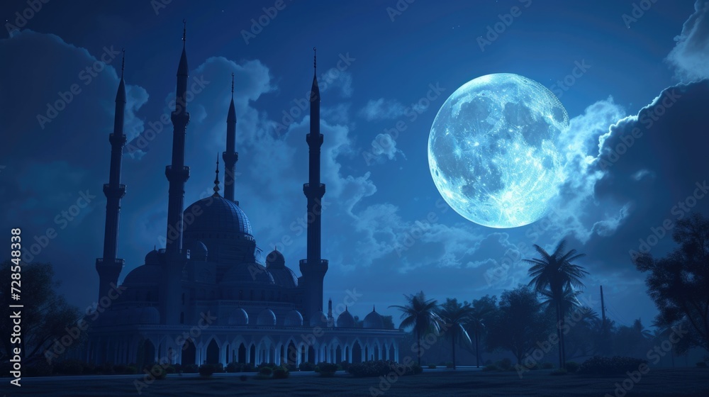Poster a stunning image of a large blue mosque with a full moon in the sky. perfect for travel and architec