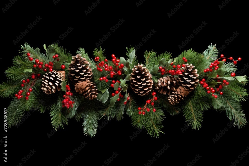 Poster a festive christmas garland adorned with pine cones and red berries. perfect for holiday decorations