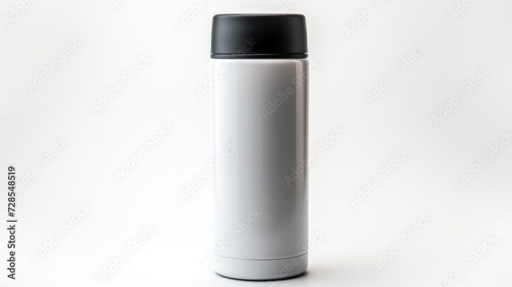 Poster a white and black water bottle resting on a clean white surface. this versatile image can be used fo