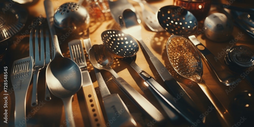 Aufkleber a table filled with an abundance of silverware and utensils. perfect for showcasing a well-prepared 