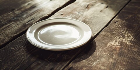 A white plate resting on a wooden table. Perfect for food photography or restaurant promotions