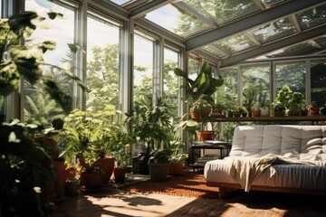 Fototapeta premium A comfortable living room with a couch and an abundance of potted plants. Perfect for interior design inspiration or home decor ideas