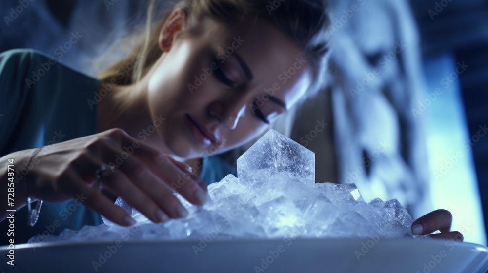 Poster A woman is pictured sitting at a table with a bowl of ice. This versatile image can be used for various concepts and themes