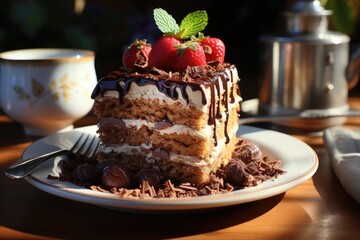 Fototapeta na wymiar Chocolate cake with beautifully placed chocolate cream in a white place, generative IA