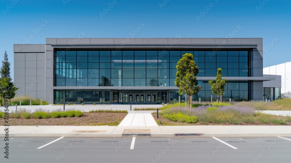 Poster A picture of a large building with numerous windows. This image can be used to depict modern architecture and urban landscapes