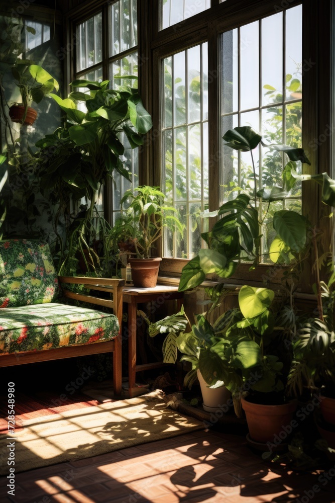 Poster Sunlight streams through the windows of a sunroom filled with an array of potted plants. Perfect for adding a touch of nature to any space