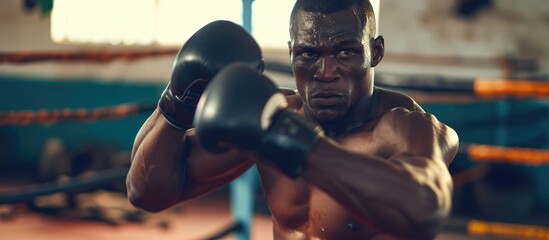 Fototapeta na wymiar Black African male boxer training in a gym, throwing punches with gloves.