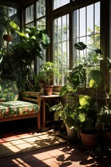 Fototapeta na wymiar Sunlight streams through the windows of a sunroom filled with an array of potted plants. Perfect for adding a touch of nature to any space