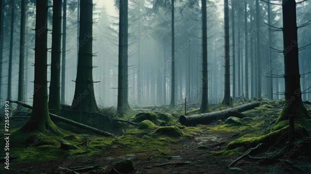 Poster a picture showcasing a lush and abundant forest filled with vibrant green trees. ideal for nature en