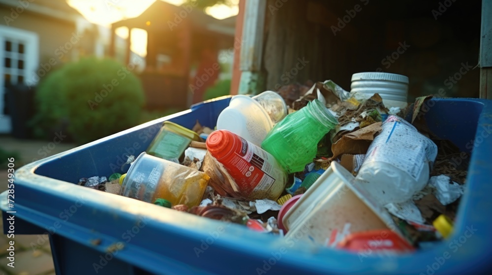 Poster a blue trash can filled with garbage, suitable for depicting waste disposal and cleanliness. can be 