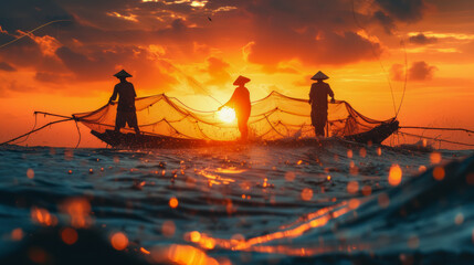 Thai fishermen on boat, sunset