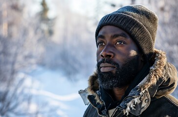 A thoughtful African-American man in winter clothing gazes into the distance, his beard dusted with frost, amidst a serene snowy backdrop