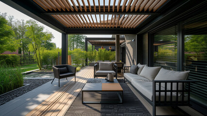 Fototapeta premium Modern Elegance: A Contemporary Black Veranda Design