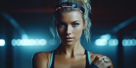 Fototapeta premium A woman confidently poses for a picture while wearing a sports bra top. Perfect for fitness and lifestyle related projects