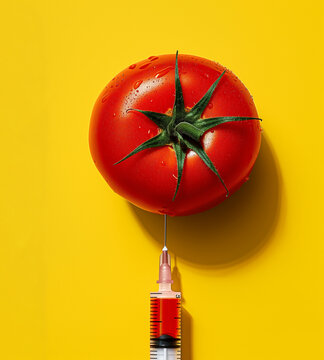A red tomato on a yellow background, from which a syringe with red liquid protrudes. Fruit contamination with chemicals. Genetic modification of food.