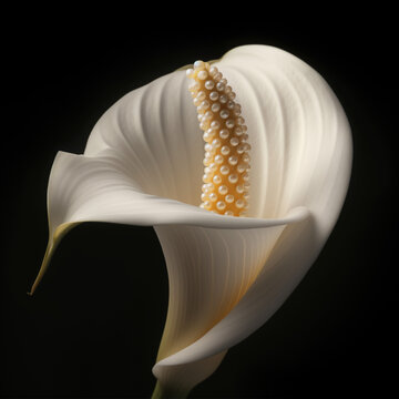 Luxury white calla lily with pistil made of pearls on a black background. Close up. Minimal flower concept. Wedding card.