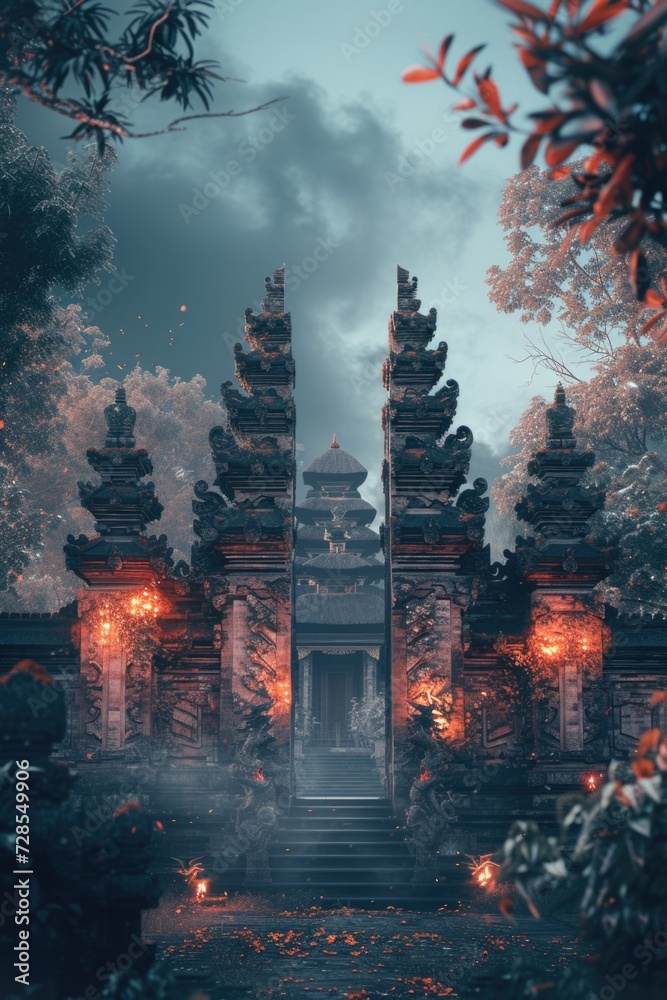 Poster A picture of a stone gate with lanterns lit up at night. Perfect for adding a touch of elegance and mystery to any project