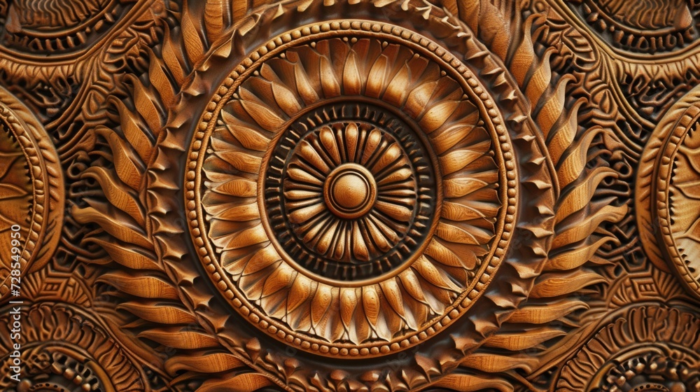Poster Close-up view of a wooden wall with intricate carvings. Suitable for interior design projects or as a background texture for websites or printed materials