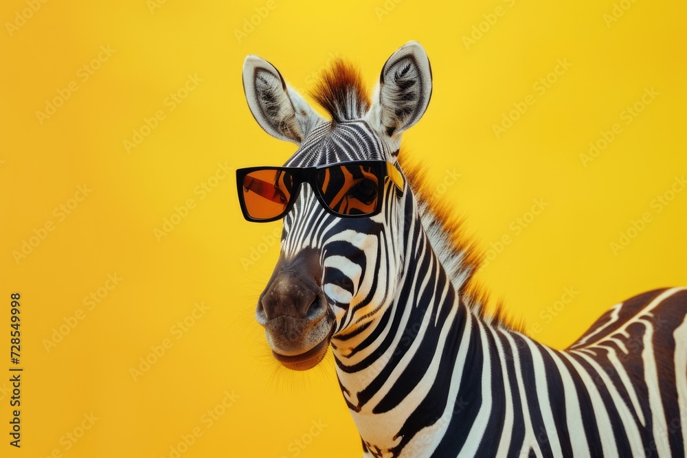 Poster A close-up view of a zebra wearing sunglasses. This image can be used to add a touch of fun and uniqueness to any project