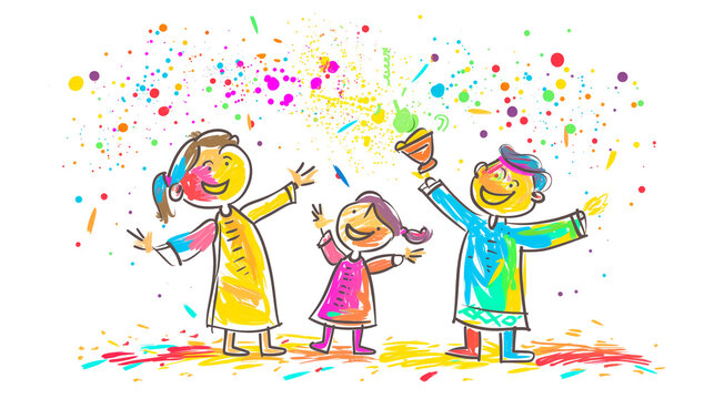Holi celebration doodle: Whimsical hand-drawn characters depicting a family engaging in colorful festivities